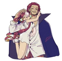 Rule 34 | 1boy, 1girl, age difference, artist request, breasts, cheek bulge, facial hair, father and daughter, headphones, height difference, hug, long hair, looking at another, manly, multicolored hair, one piece, one piece film: red, pectorals, red hair, shanks (one piece), shiny skin, size difference, smile, twitter, two-tone hair, uta (one piece), very long hair, white background