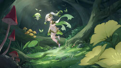 Rule 34 | 1girl, aranara (genshin impact), bloomers, blush, bug, cape, closed mouth, commentary request, cross-shaped pupils, crystalfly (genshin impact), detached sleeves, dress, eyelashes, floating hair, flower, forest, genshin impact, gold trim, gradient hair, grass, green cape, green eyes, green hair, green sleeves, hair between eyes, hair ornament, hand up, highres, leaf, long hair, looking at viewer, looking back, moss, multicolored hair, mushroom, nahida (genshin impact), nature, orange flower, outdoors, panpanmeiyou hp, plant, plant roots, pointy ears, ponytail, rock, short sleeves, side ponytail, sidelocks, sleeveless, sleeveless dress, symbol-shaped pupils, tree, underwear, vines, white bloomers, white dress, white flower, white hair, yellow flower