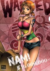 Rule 34 | 1girl, bracelet, brown eyes, character name, female focus, jewelry, jolly roger, nami (one piece), one piece, one piece: strong world, orange hair, pirate, shirt, short hair, shorts, simple background, solo, standing, striped clothes, striped shirt, tattoo, twintails