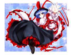 Rule 34 | 1girl, ascot, black bow, black footwear, black skirt, blue background, blue hair, bow, capelet, closed mouth, commentary request, frilled shawl, frills, full body, hagoromo, hat, hat bow, kazetto, long skirt, long sleeves, looking at viewer, nagae iku, red ascot, red bow, red eyes, shawl, short hair, skirt, solo, touhou, white capelet