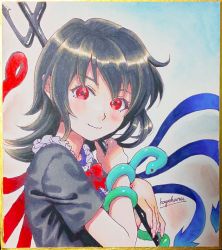 Rule 34 | 1girl, asymmetrical wings, black hair, blue wings, bow, colored pencil (medium), dated, dress, houjuu nue, kageharu, light smile, marker (medium), red eyes, red wings, shikishi, short sleeves, signature, snake, solo, touhou, traditional media, wings