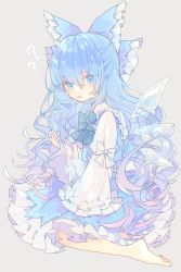 Rule 34 | 1girl, ?, ??, alternate hair length, alternate hairstyle, barefoot, blue bow, blue bowtie, blue eyes, blue hair, blue skirt, blue vest, blush, bow, bowtie, cirno, collared shirt, commentary request, frills, grey background, hair between eyes, hand up, highres, ice, ice wings, juliet sleeves, long hair, long sleeves, looking at viewer, nikorashi-ka, open mouth, puffy sleeves, seiza, shirt, simple background, sitting, skirt, solo, sweatdrop, touhou, vest, wavy hair, white shirt, wide sleeves, wings