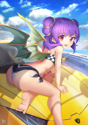 Rule 34 | 1girl, :d, artist name, ass, bandeau, barefoot, bent over, bikini, blush, car, cloud, cloudy sky, day, dragon girl, dragon wings, feet, female focus, fire emblem, fire emblem: the sacred stones, highres, highway, logo parody, long hair, looking at viewer, looking back, motor vehicle, multi-tied hair, myrrh (fire emblem), mystic-san, nintendo, ocean, on vehicle, open mouth, purple hair, red eyes, side-tie bikini bottom, sky, smile, soles, solo, swimsuit, toes, twintails, vehicle, wings