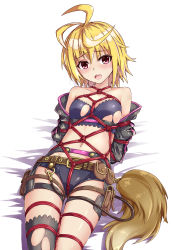 Rule 34 | 1girl, ahoge, arms behind back, bandeau, bare shoulders, bdsm, belt, black thighhighs, blonde hair, blush, bondage, bound, breasts, charm (object), collarbone, fish.boy, hair between eyes, highres, jacket, kai-ri-sei million arthur, looking at viewer, lying, million arthur (series), navel, on back, open clothes, open jacket, open mouth, pouch, shibari, shibari over clothes, short hair, short shorts, shorts, sidelocks, single thighhigh, small breasts, solo, teeth, thigh strap, thighhighs, torn clothes, touzoku arthur