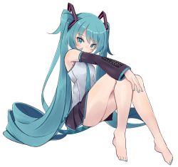 Rule 34 | 1girl, bare shoulders, barefoot, black skirt, black sleeves, blue eyes, blue hair, blue nails, blue necktie, blush, breasts, commentary request, covered mouth, detached sleeves, feet, full body, hatsune miku, highres, knees up, legs, long hair, long sleeves, looking at viewer, nail polish, necktie, pleated skirt, sasanoha (sasanoha0712), shirt, simple background, sitting, skirt, sleeveless, sleeveless shirt, sleeves past wrists, small breasts, solo, toenail polish, toenails, toes, twintails, very long hair, vocaloid, white background, white shirt, wide sleeves