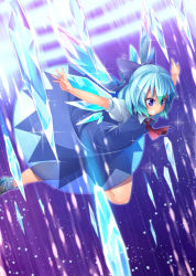 Rule 34 | 1girl, absurdres, blue eyes, blue hair, blush, bow, cirno, danmaku, dress, hair bow, highres, ice, ice wings, icicle, icicle fall, kokka han, loafers, matching hair/eyes, outstretched arms, see-through, shoes, short hair, short sleeves, smile, solo, touhou, white legwear, wings