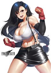 Rule 34 | 1girl, arm warmers, bare shoulders, belt, black skirt, blush, breasts, brown eyes, brown hair, clenched hands, earrings, final fantasy, final fantasy vii, fingerless gloves, gloves, jewelry, large breasts, long hair, looking at viewer, low-tied long hair, lulu-chan92, midriff, navel, open mouth, pencil skirt, red gloves, simple background, skirt, smile, solo, tank top, tifa lockhart, white background