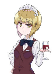 Rule 34 | 1girl, alcohol, bartender, black bow, black bowtie, blonde hair, blunt bangs, bob cut, bow, bowtie, brown vest, closed mouth, commentary, cup, cutlass (girls und panzer), dress shirt, drinking glass, girls und panzer, hand on own hip, handkerchief, highres, holding, holding cup, index finger raised, kimi tsuru, light frown, long sleeves, looking at viewer, school uniform, shirt, short hair, simple background, solo, upper body, vest, white background, white shirt, wine, wine glass, wing collar, yellow eyes