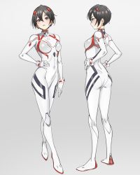 Rule 34 | 1girl, absurdres, arm at side, ass, black hair, bodysuit, breasts, commentary, cosplay, english commentary, evangelion: 3.0+1.0 thrice upon a time, full body, hand on own hip, highres, interface headset, kiritzugu, looking at viewer, mikasa ackerman, multiple views, neon genesis evangelion, pilot suit, plugsuit, rebuild of evangelion, scar, shingeki no kyojin, short hair, simple background, souryuu asuka langley (cosplay), turtleneck, white bodysuit, wide hips