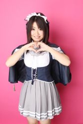 Rule 34 | 1girl, afilia magic senior high school, grey skirt, heart, heart hands, hidaka rina, photo (medium), skirt