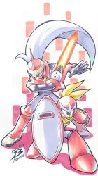 Rule 34 | 2boys, arm cannon, artist name, clenched teeth, height difference, helmet, highres, in-franchise crossover, male focus, mega man (classic), mega man (series), mega man battle network (series), multiple boys, pn13ban, proto man, protoman.exe, robot, scarf, shield, sunglasses, sword, teeth, weapon, yellow scarf