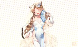 Rule 34 | 1girl, absurdres, animal ears, arknights, blonde hair, breasts, bride, closed eyes, curly hair, fang, green eyes, hand fan, highres, holding, holding fan, looking at viewer, medium breasts, open mouth, smile, solo, swire (arknights), tail, thighhighs, tiger ears, tiger girl, white thighhighs