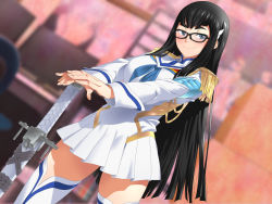 Rule 34 | 1girl, black-framed eyewear, black hair, blue eyes, blurry, blurry background, blush, breasts, closed mouth, clownculture, computer, cosplay, glasses, happy, highres, indoors, kill la kill, kiryuuin satsuki, kiryuuin satsuki (cosplay), large breasts, legs, legs apart, long hair, looking at viewer, monitor, own hands together, skirt, smile, solo, standing, sword, thighhighs, thighs, weapon, zettai ryouiki