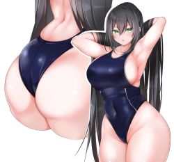 Rule 34 | 1girl, arched back, armpits, ass, ass focus, bare back, black hair, blue one-piece swimsuit, breasts, character request, commentary, commentary request, covered navel, curvy, green eyes, highres, large breasts, long hair, one-piece swimsuit, parted lips, sideboob, skindentation, swimsuit, thick thighs, thighs, uzura kazuhisa, very long hair, wide hips