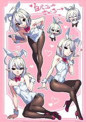 1boy animal_ears black_eyes brown_pantyhose bulge grey_hair high_heels highres looking_at_viewer male_playboy_bunny medium_hair ohayousan_084 original pantyhose pointy_ears rabbit_ears rabbit_tail ribbon sitting tail trap wrist_cuffs