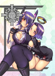 Rule 34 | 10s, 2girls, boots, breasts, cleavage, dress, eyepatch, fingerless gloves, gloves, halo, headgear, hug, kantai collection, large breasts, looking at viewer, mechanical halo, multiple girls, nagy, open clothes, open shirt, personification, purple eyes, purple hair, school uniform, shirt, short dress, short hair, tatsuta (kancolle), tenryuu (kancolle), thighhighs, yellow eyes, yuri