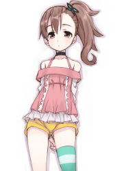Rule 34 | 1girl, bad id, bare shoulders, blush, brown eyes, brown hair, butterfly hair ornament, chousoku henkei gyrozetter, hair ornament, highres, inaba rinne, long hair, looking at viewer, matsuryuu, shorts, side ponytail, single thighhigh, solo, striped clothes, striped thighhighs, thighhighs