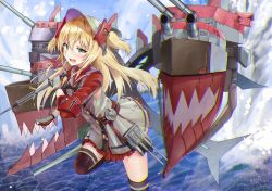 Rule 34 | 1girl, admiral hipper (azur lane), azur lane, black thighhighs, blonde hair, blush, cannon, commentary request, gloves, green eyes, grey gloves, grey jacket, hair between eyes, hat, holding, holding weapon, jacket, long hair, long sleeves, looking at viewer, machinery, ocean, open mouth, pleated skirt, racchi., red skirt, running, running on liquid, skirt, solo, standing, standing on one leg, thighhighs, two side up, water surface, weapon