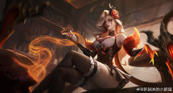 Rule 34 | 1girl, absurdres, arm support, artist name, blonde hair, breasts, claws, crossed legs, earrings, evelynn (league of legends), feet out of frame, fingernails, flower, hair flower, hair ornament, high noon evelynn, highres, indoors, jewelry, large breasts, league of legends, long hair, looking at viewer, official alternate costume, official alternate hairstyle, pa baobing, parted lips, red flower, red rose, rose, signature, single earring, sitting, solo, table, yellow eyes
