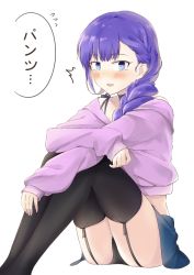 Rule 34 | 1girl, ass, bare shoulders, black panties, black thighhighs, blue eyes, blue skirt, blush, braid, braided ponytail, breasts, coffeekite, fate/extra, fate/extra ccc, fate (series), garter straps, knees up, legs, long hair, long sleeves, looking at viewer, meltryllis (fate), off-shoulder sweater, off shoulder, panties, parted lips, pink sweater, purple hair, sitting, skirt, small breasts, speech bubble, sweater, thighhighs, underwear