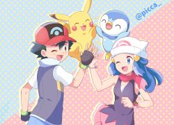 Rule 34 | 1boy, 1girl, ;d, ash ketchum, baseball cap, beanie, black hair, blue eyes, blue hair, bracelet, brown eyes, commentary request, creatures (company), dawn (pokemon), eyelashes, fingerless gloves, game freak, gen 1 pokemon, gen 4 pokemon, gloves, hair between eyes, hair ornament, hairclip, hat, high five, highres, jacket, jewelry, mei (maysroom), nintendo, one eye closed, open mouth, pikachu, pink scarf, pink skirt, piplup, pokemon, pokemon (anime), pokemon (creature), pokemon dppt (anime), red headwear, scarf, shirt, short hair, short sleeves, skirt, sleeveless, sleeveless shirt, smile, tongue, twitter username, white headwear
