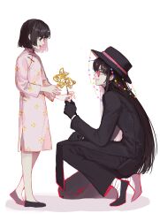 Rule 34 | 1boy, 1girl, absurdres, bandaged foot, bandages, beads, black coat, black eyes, black footwear, black gloves, black hair, black hat, chinese commentary, closed eyes, coat, commentary request, dress, gloves, grin, hat, highres, holding, huai huizhi, huai yunqing, long hair, long sleeves, mandarin collar, on one knee, open mouth, pink-tinted eyewear, pink dress, qieman (wopei518), round eyewear, short hair, simple background, smile, tinted eyewear, touqi guaitan, white background