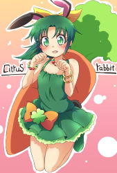 Rule 34 | 10s, 1girl, alternate costume, animal ears, bangle, blush, bow, bracelet, carrot, dress, gradient background, green dress, green eyes, green hair, hair bow, highres, jewelry, kirimochi, kneeling, looking at viewer, matching hair/eyes, midorikawa nao, necklace, open mouth, ponytail, precure, rabbit ears, short hair, sleeveless, sleeveless dress, smile, smile precure!, solo