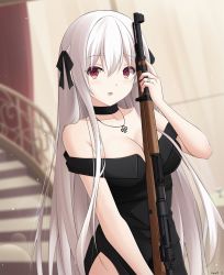 Rule 34 | 1girl, :d, black dress, blush, bolt action, breasts, cleavage, collarbone, cross, cross necklace, dress, girls&#039; frontline, gun, hair between eyes, hair ribbon, highres, holding, holding gun, holding weapon, indoors, jewelry, kar98k (girls&#039; frontline), keenh, long hair, looking at viewer, mauser 98, medium breasts, necklace, off-shoulder dress, off shoulder, open mouth, ribbon, rifle, ring, sidelocks, signature, smile, solo, very long hair, weapon, wedding band, white hair