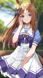 Rule 34 | 1girl, amagasa yun, animal ears, blouse, blue bow, blue eyes, blue shirt, blurry, blurry background, bow, brown hair, closed mouth, commentary request, day, depth of field, eyebrows hidden by hair, frilled skirt, frills, grass wonder (umamusume), hand up, highres, horse ears, horse girl, horse tail, long hair, looking at viewer, outdoors, pleated skirt, puffy short sleeves, puffy sleeves, purple shirt, school uniform, shirt, short sleeves, skirt, smile, solo, tail, tracen school uniform, umamusume, very long hair, white skirt