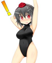 Rule 34 | !, 1girl, armpits, arms up, black hair, black one-piece swimsuit, breasts, hat, highres, large breasts, looking at viewer, one-piece swimsuit, open mouth, red eyes, shameimaru aya, short hair, smile, solo, swimsuit, tokin hat, touhou, transparent background, us2s