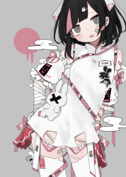 Rule 34 | 1girl, bandaged arm, bandages, bandaid, bandaid on arm, bandaid on cheek, bandaid on face, bandaid on thigh, black hair, blunt bangs, blush, character sticker, china dress, chinese clothes, circle, commentary request, contrapposto, detached sleeves, dress, earrings, egasumi, furrowed brow, grey background, grey eyes, hair ornament, half-closed eyes, hand on own hip, head tilt, highres, jewelry, leaning to the side, looking at viewer, mandarin collar, medium hair, microdress, multicolored hair, nukunuku nigirimeshi, open mouth, original, osage (nukunuku nigirimeshi), panties, pink hair, puffy short sleeves, puffy sleeves, raised eyebrows, short sleeves, sidelocks, sleeveless, sleeveless dress, smile, smug, solo, streaked hair, stuffed animal, stuffed rabbit, stuffed toy, thighhighs, translation request, underwear, white dress, white panties, white thighhighs