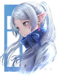 Rule 34 | 1girl, absurdres, artist name, blue hair, earrings, frieren, green eyes, highres, jewelry, long hair, non-web source, pointy ears, ra torens, scarf, sousou no frieren, twintails