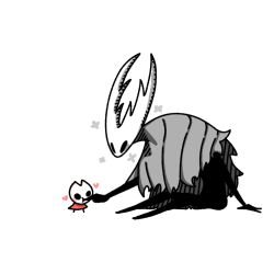 Rule 34 | 1girl, 1other, :t, aged down, arthropod girl, black eyes, black skin, blank eyes, blush, blush stickers, chewing, chibi, child, cloak, closed mouth, colored skin, finger in another&#039;s mouth, full body, grey cloak, heart, hollow knight, hollow knight (character), hornet (hollow knight), leaning forward, looking at another, red cloak, sakana 2-gou, simple background, sitting, size difference, solid circle eyes, standing, white background