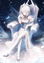 Rule 34 | 1girl, absurdres, bare shoulders, breasts, bronya zaychik, bronya zaychik (silverwing: n-ex), caisena, chair, closed eyes, cup, elbow gloves, full body, gloves, grey hair, hair between eyes, highres, holding, holding cup, honkai (series), honkai impact 3rd, long hair, medium breasts, sitting, solo, thighhighs, white gloves, white thighhighs