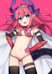 Rule 34 | 10s, 1girl, armor, bikini, bikini armor, black legwear, blue eyes, blush, cape, dragon girl, elizabeth bathory (fate), elizabeth bathory (fate), fate/extra, fate/extra ccc, fate/grand order, fate (series), flat chest, horns, long hair, looking at viewer, navel, pauldrons, pink background, pink hair, pointy ears, shoulder armor, simple background, swimsuit, tail, thighs