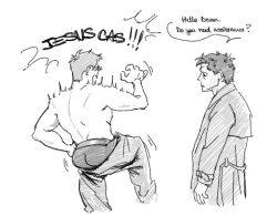Rule 34 | 2boys, angel, back, blush, castiel, clothes pull, coat, cropped legs, dean winchester, dressing, english text, facial hair, fluffsnake, greyscale, highres, looking at another, male focus, male underwear, mature male, monochrome, multiple boys, pants, pants pull, short hair, simple background, speech bubble, stubble, supernatural (tv series), surprised, topless male, trench coat, underwear