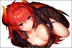 Rule 34 | 1girl, absurdres, black border, blush, border, breasts, cleavage, closed eyes, commentary, dola (1st costume) (nijisanji), dola (nijisanji), dragon girl, dragon horns, dragon tail, fur trim, hair between eyes, highres, horns, large breasts, long hair, looking at viewer, lying, nijisanji, on side, red eyes, red hair, ryuji (ikeriu), scales, simple background, skindentation, smile, solo, tail, thigh strap, virtual youtuber, white background
