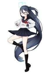 Rule 34 | 1girl, 28 (282teeth), absurdly long hair, absurdres, alternate costume, aris (blue archive), black hair, black sailor collar, black skirt, blue archive, closed mouth, full body, green halo, halo, highres, long hair, long sleeves, neckerchief, pleated skirt, red neckerchief, sailor collar, school uniform, serafuku, simple background, skirt, smile, solo, very long hair, white background