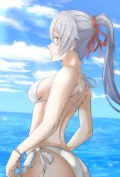Rule 34 | 1girl, ass, back, bikini, blush, bracelet, breasts, commentary request, embarrassed, fate/grand order, fate (series), hair ribbon, highres, jewelry, lens flare, long hair, looking at viewer, looking to the side, mebi il, ocean, ponytail, red eyes, red ribbon, ribbon, side-tie bikini bottom, sideboob, silver hair, small breasts, solo, sweat, swimsuit, tomoe gozen (fate), untying, wavy mouth, white bikini