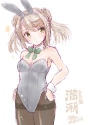 Rule 34 | 1girl, adapted costume, alternate costume, animal ears, black pantyhose, bow, bowtie, breasts, brown eyes, cowboy shot, detached collar, double bun, green bow, green bowtie, grey leotard, hair bun, hands on own hips, kantai collection, koshigaya tatsumi, leotard, light brown hair, medium hair, michishio (kancolle), one-hour drawing challenge, pantyhose, playboy bunny, rabbit ears, short twintails, simple background, small breasts, solo, standing, strapless, strapless leotard, thighband pantyhose, twintails, white background, wrist cuffs