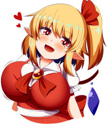 Rule 34 | 1girl, alternate breast size, blonde hair, blouse, breasts, fang, flandre scarlet, gero zoukin, highres, large breasts, medium hair, one side up, oppai loli, red eyes, red ribbon, red vest, ribbon, shirt, simple background, solo, touhou, vest, white background, white shirt