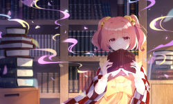 Rule 34 | 1girl, absurdres, apron, bell, blush, book, bookshelf, checkered clothes, checkered kimono, closed mouth, hair bell, hair between eyes, hair ornament, highres, holding, holding book, japanese clothes, jingle bell, kimono, long sleeves, motoori kosuzu, red eyes, red hair, shinketsu kanyu, short hair, smile, solo, touhou, two side up, upper body, wide sleeves, yellow apron