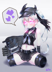 Rule 34 | 10s, 1girl, abyssal ship, amputee, arm support, bad id, bad pixiv id, bare shoulders, blush, destroyer princess, doyouwantto, gloves, glowing, glowing eyes, gradient background, hat, headgear, heart, kantai collection, long hair, looking at viewer, midriff, navel, pale skin, school uniform, serafuku, side ponytail, skirt, sleeveless, solo, spoken heart, white hair