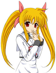 Rule 34 | 00s, 1girl, blonde hair, dress, fate testarossa, finger to mouth, flipper, long hair, long sleeves, looking at viewer, lyrical nanoha, mahou shoujo lyrical nanoha, mahou shoujo lyrical nanoha a&#039;s, own hands together, red eyes, school uniform, serafuku, simple background, solo, twintails, upper body, white background, white dress