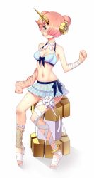 Rule 34 | 1girl, angry, asymmetrical legwear, bandaged arm, bandaged leg, bandages, bare shoulders, bikini, bikini skirt, blue bikini, blue eyes, blush, breasts, cleavage, clenched hand, collarbone, commentary request, detached sleeves, double bun, fate/grand order, fate (series), frankenstein&#039;s monster (fate), frankenstein&#039;s monster (swimsuit saber) (fate), frankenstein&#039;s monster (swimsuit saber) (second ascension) (fate), full body, hair bun, hair ornament, hair over one eye, hairclip, headgear, highres, horns, looking at viewer, medium breasts, mismatched legwear, navel, pink hair, pleated skirt, shoes, short hair, simple background, single horn, sitting, skirt, solo, swimsuit, white background, white footwear, wu yao jun