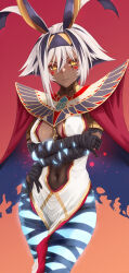 Rule 34 | 1girl, animal ears, ankh, antenna hair, armlet, bandages, belly chain, black bandages, black hair, blush, bracelet, bracer, breasts, cape, center opening, colored inner hair, dark-skinned female, dark skin, dress, earrings, eyeliner, facepaint, facial mark, fate/grand order, fate (series), glowing skin, gold trim, hairband, highres, hoop earrings, jackal ears, jewelry, looking at viewer, makeup, medium breasts, multicolored hair, navel, nitocris (fate), nitocris alter (fate), nitocris alter (second ascension) (fate), pelvic curtain, red background, red cape, short hair, sidelocks, solo, streaked hair, thighlet, thighs, usekh collar, white dress, white hair, yamaneko (tkdrumsco), yellow eyes