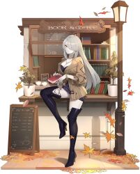 Rule 34 | 1girl, black dress, book, bookshelf, boots, breasts, brown jacket, cleavage, closed mouth, coffee cup, cup, disposable cup, dress, eversoul, falling leaves, full body, game cg, grey hair, hair over one eye, high heels, highres, holding, holding book, jacket, jewelry, lamppost, large breasts, leaf, long hair, looking at viewer, maple leaf, necklace, non-web source, official alternate costume, official alternate hairstyle, official art, pale skin, plant, potted plant, sign, sitting, solo, tachi-e, thigh boots, transparent background, velanna (eversoul), wing collar, yellow eyes
