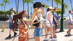 Rule 34 | 2girls, bag, black hat, blonde hair, bracelet, breasts, brown hair, cleavage, crop top, denim, denim shorts, floral print, food, hair intakes, hat, height difference, highres, holding, holding food, jewelry, lamppost, long hair, looking at another, luicent, midriff, multiple girls, navel, necklace, ocean, original, outdoors, oversized clothes, oversized shirt, palm tree, ponytail, popsicle, road, road sign, shirt, shorts, shoulder bag, sidewalk, sign, small breasts, smile, street, tree, watch, wavy hair, wide shot, wristwatch, yellow eyes