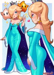 1girl absurdres aqua_dress artist_name ass bare_shoulders blonde_hair blue_background blue_eyes blush border breasts cleavage cowboy_shot crown dress earrings floral_print from_side full_body hair_over_one_eye highres holding holding_wand jewelry long_hair long_sleeves luma_(mario) mario_(series) medium_breasts multiple_views nail_polish nintendo rosalina rose_print sarukaiwolf smile space standing star_(sky) star_(symbol) star_earrings super_mario_galaxy thick_lips wand white_border