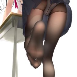 Rule 34 | 1girl, black hair, blue skirt, commentary request, desk, feet, foot focus, head out of frame, highres, leaning forward, leaning on object, leg up, lower body, murakami suigun, no shoes, panties, pantyhose, pantyshot, pleated skirt, red neckwear, school desk, see-through, see-through legwear, shirt, simple background, skirt, soles, solo, thighs, toes, underwear, upskirt, white background, white panties, white shirt